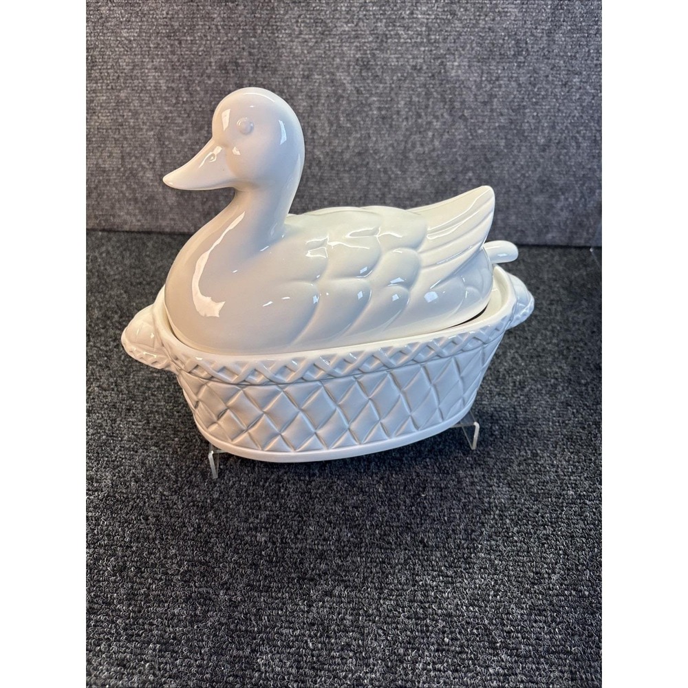 Vtg~Himark~Basketweave Ceramic Duck Soup Tureen with Ladle~Japan
